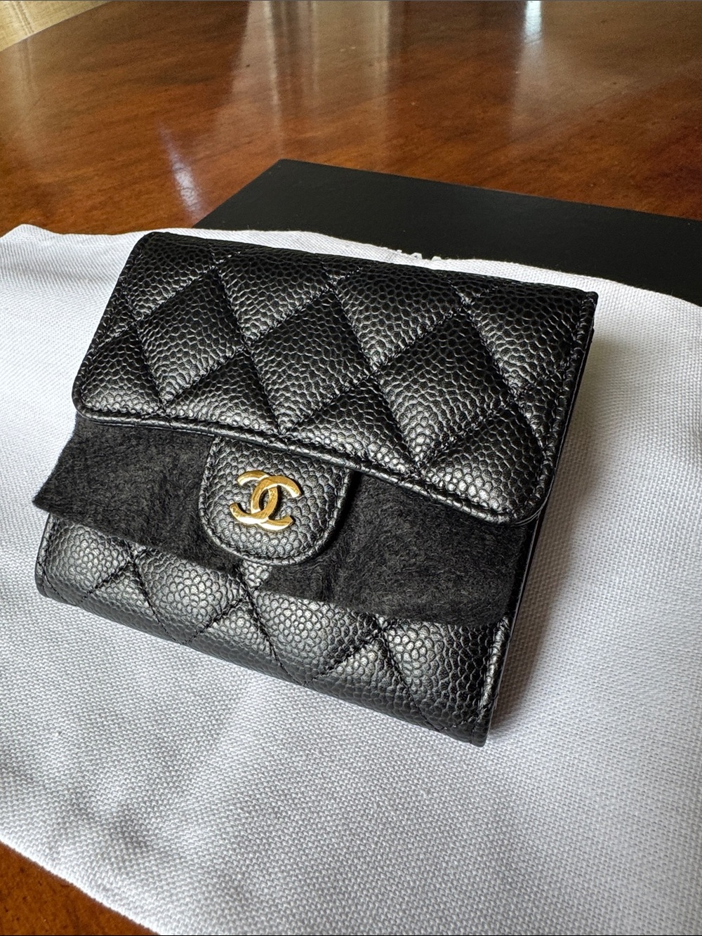 CHANEL Black Quilted Caviar Leather Wallet with Gold CC